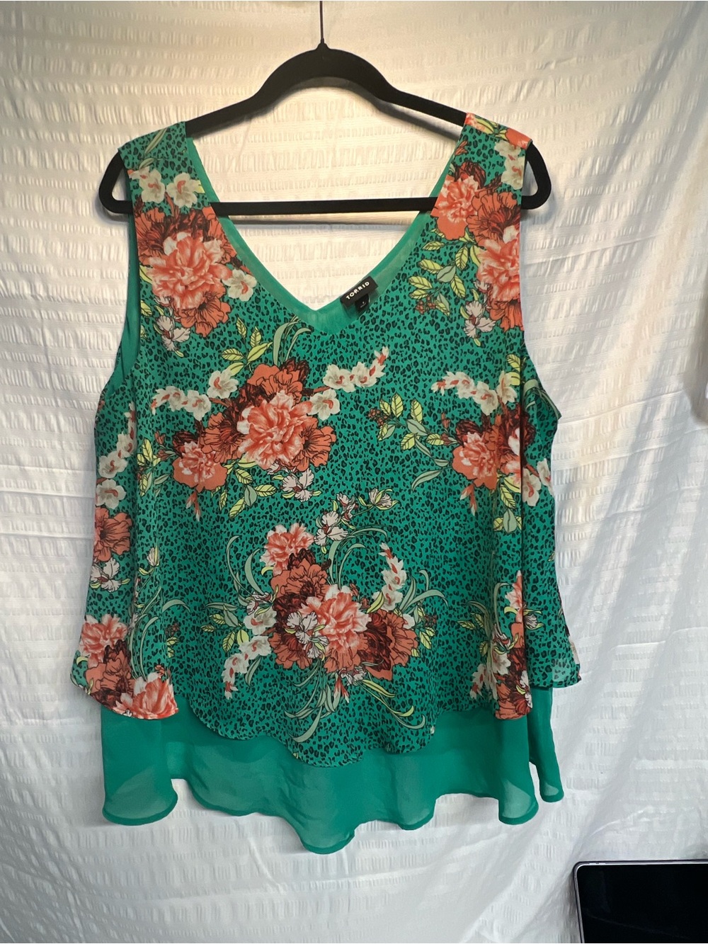 Torrid  Floral Layered V-Neck Tank Top - Teal & Coral